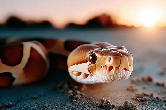 Close-up of a snake crawling on sand during the sunset. The reptile's scale patterns and sharp teeth are visible in the foreground, with the sun as a backdrop