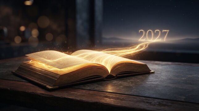 Magical book showing new year sign 2027 golden glow style