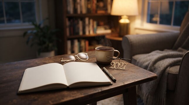 old book and glasses with coffee for new year 2027 is written in decoration piece new year 2027
