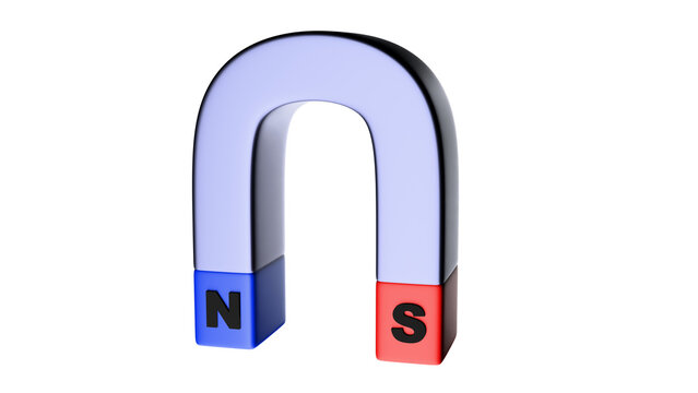 Illustration of a horseshoe-shaped permanent magnet with positive and negative poles marked on a transparent background. A horseshoe-shaped ferromagnet on a transparent background.
