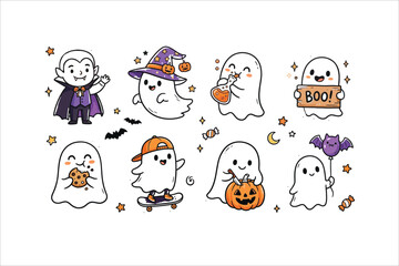 Fototapeta premium Cute Halloween Character Collection with Adorable Ghosts, Vampire and Pumpkin Designs