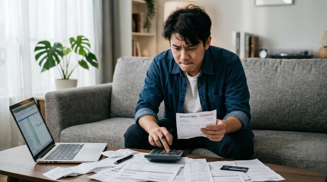 Stressed young Asian man calculating expenses with a calculator and bills at home.