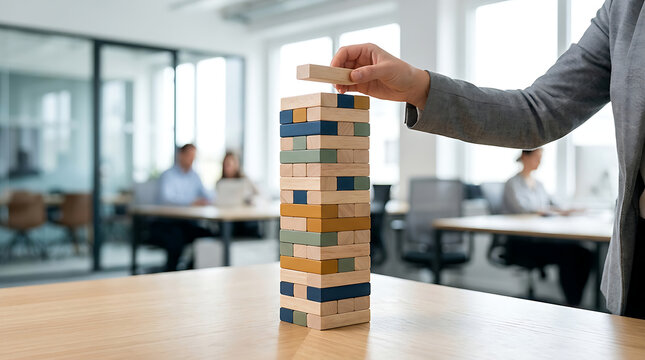 Businessperson carefully places wooden jenga block on top of a towering structure in office setting