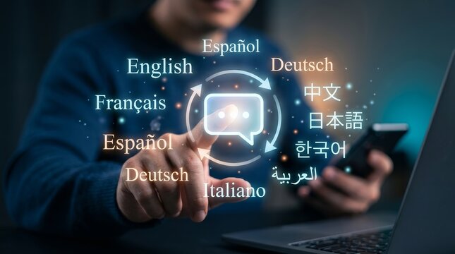 A person interacts with virtual languages using multilingual language translation technology.