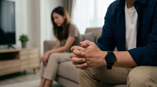 Asian young couple experiencing a breakup and relationship trouble while arguing.