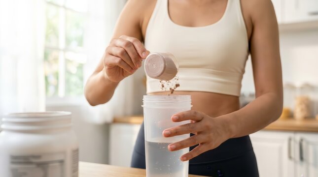 Asian young woman in sportswear adding protein powder into a shaker bottle for a diet meal replacement.