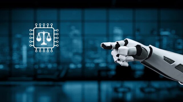 A robotic arm points to digital scales of justice, representing the intersection of artificial intelligence, ethics, and legal technology in a contemporary office setting. Synapse
