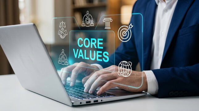 Businessman working on a laptop with floating core values and corporate culture icons.