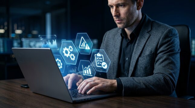 Incident management and business process technology concept with virtual icons for problem resolution.