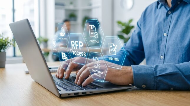 Businessman using a laptop for the RFP Request for Proposal business process.