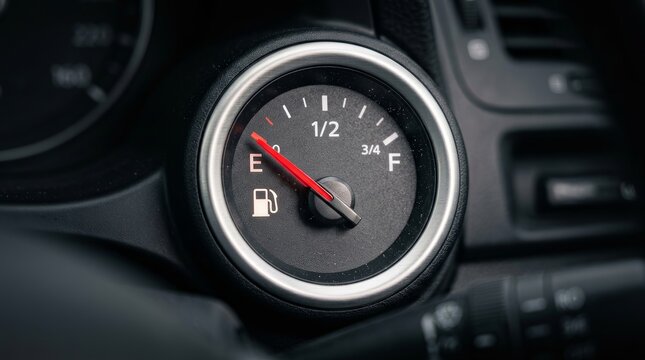 Close-up of a low fuel gauge on a car dashboard indicating empty tank.