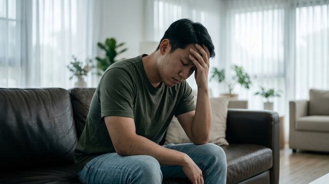 Sad Asian man experiencing depression and mental illness after receiving bad news.