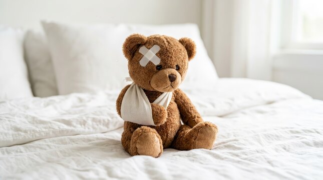 A brown teddy bear with a bandage on its head and arm representing an injury concept.