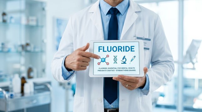 Doctor in white lab coat holding a tablet showing fluoride information