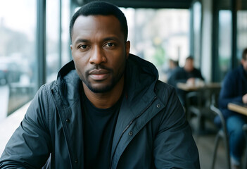 Fototapeta premium Confident black man wearing fashionable raincoat in cafe