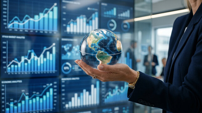 Businesswoman holding a glowing digital Earth globe with financial data charts background in office