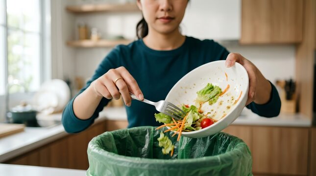 An Asian young housekeeper scraping leftover food waste from a salad bowl into a garbage bin.