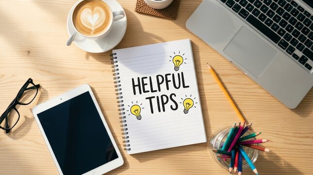 A spiral notebook with helpful tips text on a wooden desk with a laptop and coffee.