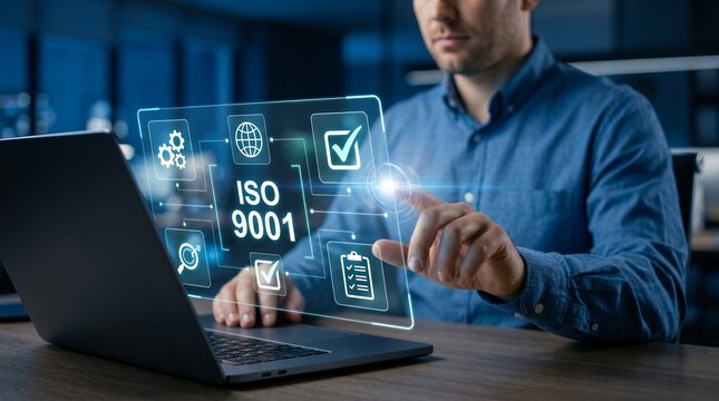 Businessman interacting with virtual ISO 9001 icons for quality management principles.
