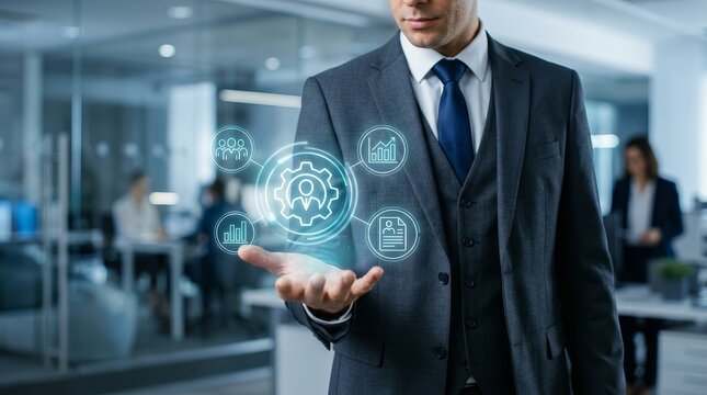 Human resources management technology concept showing HR report software and data analysis.