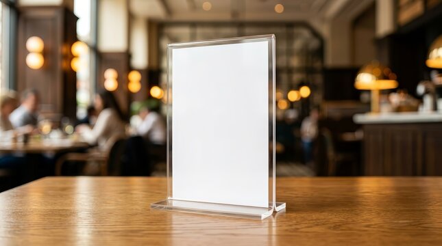 Blank menu tent card mockup standing on a wooden table with a blurred background.
