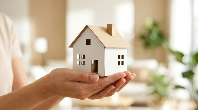 Hands holding a small modern house model representing real estate and family home.