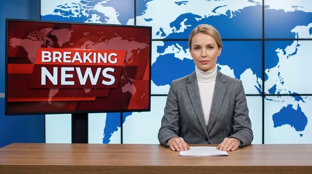 Professional female news anchor sitting at a desk in a modern television broadcasting studio, delivering breaking news with a world map graphic background and digital screen
