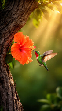 abeja, colibr&iacute;, flor, hibisco, naturaleza, vida silvestre, ave, ave tropical, polinizaci&oacute;n, polinizador, fauna, jard&iacute;n, vegetaci&oacute;n, bosque, &aacute;rbol, tronco, hojas, n&eacute;ctar, floraci&oacute;n, ecosistema, biodive