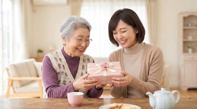 A cheerful Japanese young woman presenting a beautifully wrapped gift box to her smiling elderly mother during a heartwarming afternoon tea time session together at home