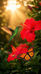 Fototapeta premium colibrí, ave, ave tropical, vuelo, naturaleza, fauna, vida silvestre, jardín, flores, hibisco, flor roja, flor naranja, abeja, abejas, mariposa, polinizadores, polinización, néctar, biodiversidad, eco