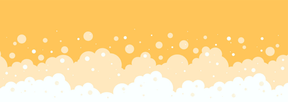  Beer foam background, liquid bubble pattern. Drink suds texture, abstract alcohol wave. Cartoon yellow fizzy frame, splash gold soda bg. Beer flow banner. Clear soap wallpaper. Vector illustration