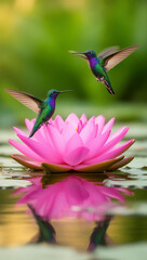Fototapeta premium colibrí, aves, ave tropical, vuelo, naturaleza, vida silvestre, fauna, bosque tropical, selva, flor de loto, loto, flor rosa, agua, estanque, reflejo, reflejo en el agua, superficie del agua, biodiver