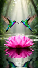 Fototapeta premium colibrí, aves, ave tropical, vuelo, naturaleza, vida silvestre, fauna, bosque tropical, selva, flor de loto, loto, flor rosa, agua, estanque, reflejo, reflejo en el agua, superficie del agua, biodiver