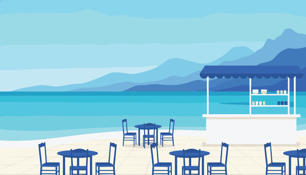 Waterfront cafe kiosk featuring wooden tables on a tiled beach patio with mountains in the background under a bright clear blue sky.