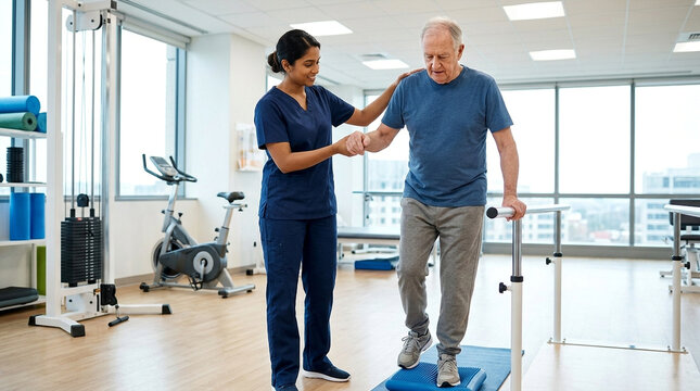 Physical therapist assisting elderly patient with stepping exercise inside rehabilitation clinic