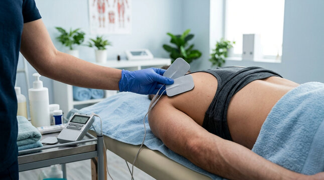 Physical therapist applying electrodes for electrical stimulation therapy on a man's back in a clinic