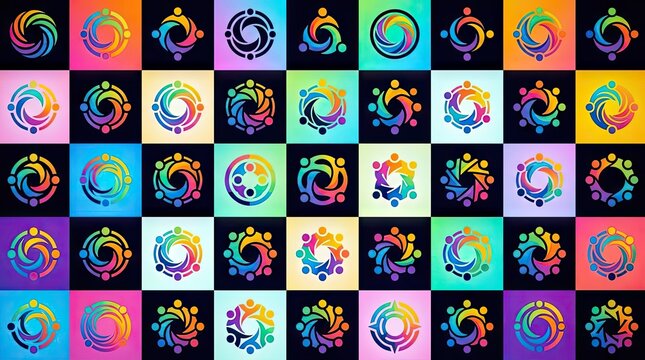 Colorful abstract circular logo icons in grid pattern.