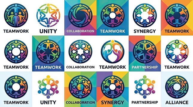 Collection of colorful teamwork and unity symbol icons.