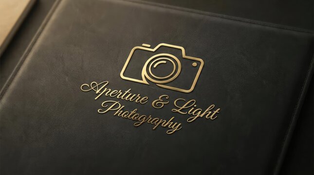 Gold foil photography logo embossed on leather cover.