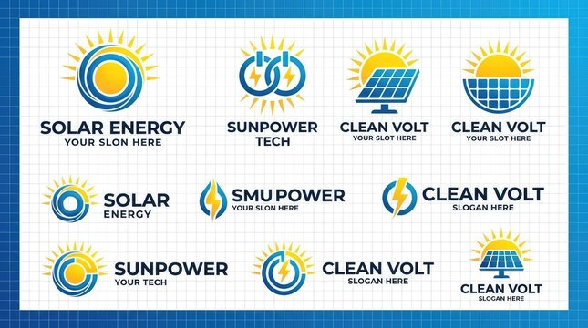 Modern solar energy and renewable power company logo set.