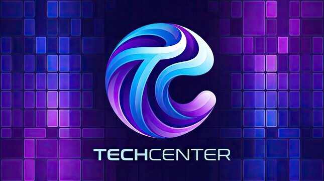 Vibrant 3D tech center logo on purple background.