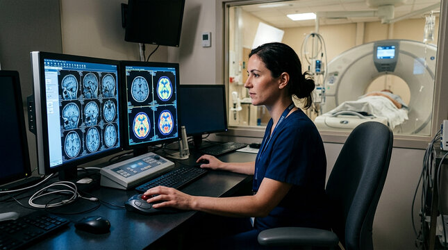 Medical professional analyzing patient scans on computer monitors in a hospital imaging center