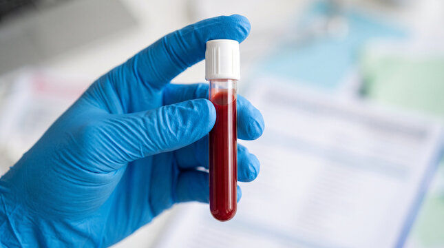 labeled blood sample test tube, medical records and blood sample, patient information and blood vial, clinical laboratory workflow