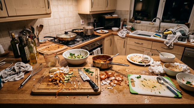 Messy kitchen counter after cooking dinner with dirty dishes and food scraps on wooden table