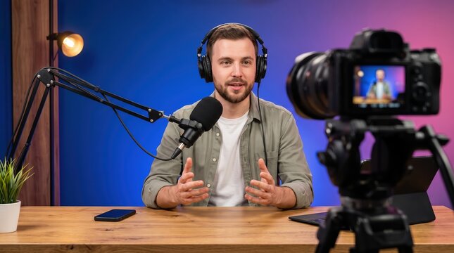 Professional male content creator recording video podcast in modern studio with microphone camera and headphones for digital streaming online audience engagement video blog production setup