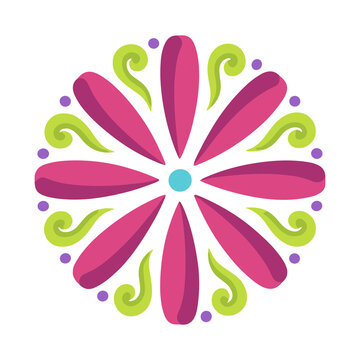 Pink flower mandala with green swirls and purple dots
