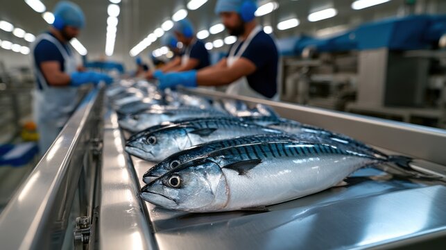 Fresh fish on a conveyor in a modern facility, workers conduct quality checks, showcasing seafood processing efficiency.