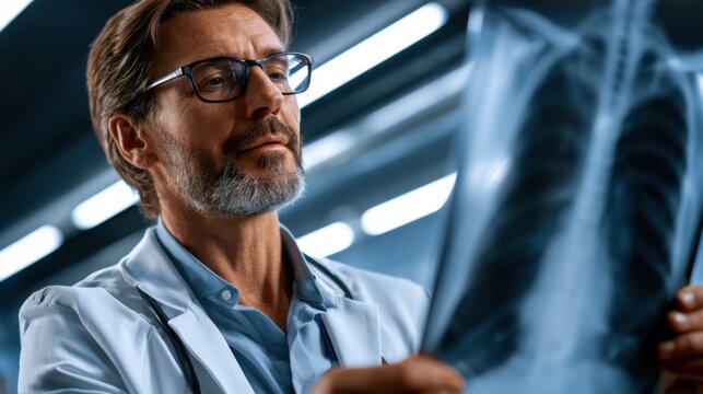Physician analyzing a chest X-ray in a modern radiology department, emphasizing expertise in patient care and orthopedic diagnostics.