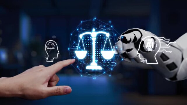 A human hand reaches towards a robotic arm, symbolizing the intersection of artificial intelligence and justice, with digital elements illustrating communication and technology. Synapse