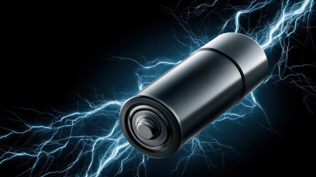 Modern battery with vivid lightning sparks on a dark background, showcasing power and innovation in energy storage and technology.